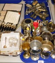 Silver plated wares, comprising presentation goblets, miniature decorative candlestick, sauce boats,