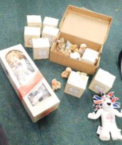 An Elizabeth porcelain doll, group of Cherished Teddies, etc., mainly boxed. (1 tray)