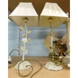 A pair of metal table lamps, each on twist stem with vine and flower decoration and cream square set