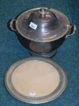 A Walker and Hall silver plated circular tureen and cover, and a plated and reeded bread board. (2)
