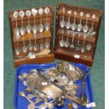 Silver plated wares, comprising souvenir spoons, crumb scoop, swan Eeba silver plated dish with two