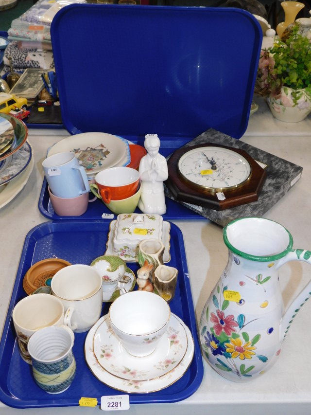 Limoges cup and saucer, jug, Sylvac squirrel, etc. (2 trays and a clock)