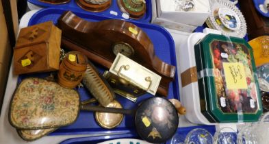 A Mauchline ware New Pier Skegness string box, part dressing table set, oak cased mantel clock, papi