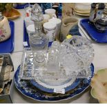 An oval blue and white meat platter, collectors plates, glass dressing table jar, a star cut vase, d