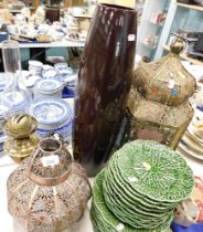 Two Eastern lanterns, stoneware vase, and two oil lamp bases. (5)