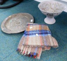 A hammered brass charger, Studio Pottery tulip centre bowl, and a chequered blanket. (3)