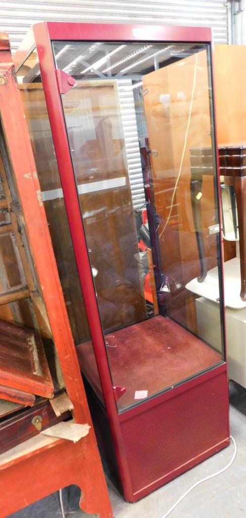 A brushed Burgundy finish metal display cabinet, of square design, 182cm high, 60cm wide & 59cm deep
