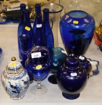 Various decorative glassware, comprising blue glass bottles, vases, miniature blue and gilt ginger j