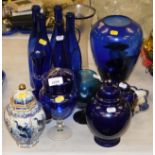 Various decorative glassware, comprising blue glass bottles, vases, miniature blue and gilt ginger j