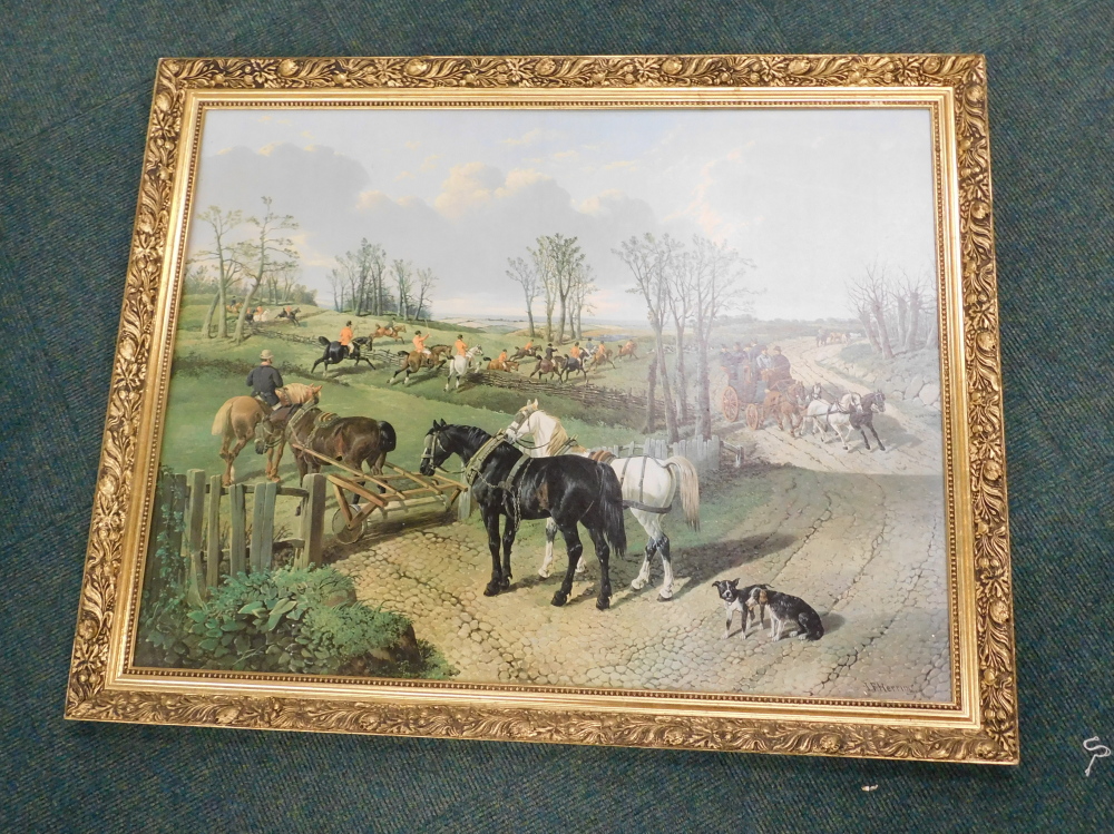 After F Herring. Hunting scene print in gilt frame.