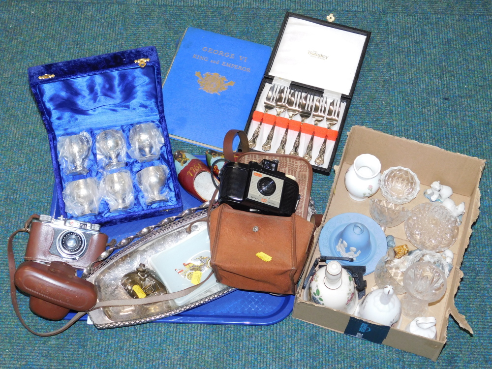 Silver plated serving tray, Helina camera, Delft clogs, boxed camera, Wedgwood blue Jasperware bell,