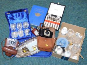 Silver plated serving tray, Helina camera, Delft clogs, boxed camera, Wedgwood blue Jasperware bell,