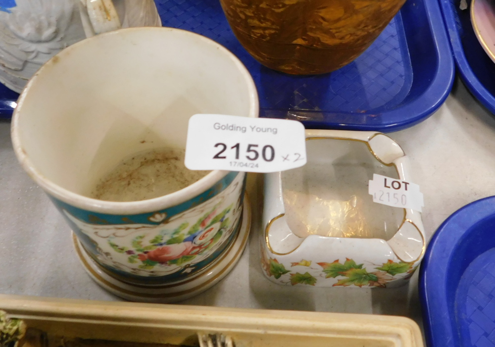 A Shelley square ashtray, transfer printed rose decoration, and a 19thC tankard, on turquoise ground