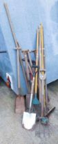 Various garden tools, comprising rakes, spades, forks, two plastic garden chairs