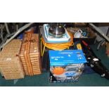 Two wicker baskets, a Camping Gaz 200 2000watt party grill, caravan step, cabling, Milenco