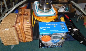 Two wicker baskets, a Camping Gaz 200 2000watt party grill, caravan step, cabling, Milenco