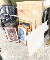 Pictures and prints, comprising two pine framed mirrors, still life prints, mounting board, etc. (a