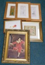 Pictures and prints, comprising print of a child reclined, HK still life, floral prints, etc. (1 bay