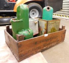 An M Coenegrachts wooden crate, two painted hoppers, a Chadwell Biscuits tin, etc.