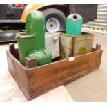 An M Coenegrachts wooden crate, two painted hoppers, a Chadwell Biscuits tin, etc.