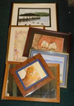 Various pictures and prints, comprising watercolour ginger cat, pine framed wall mirror, watercolour