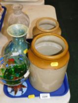 Two stoneware jars, a studio pottery vase, a frosted glass vase, decorative goblet, etc. (1 tray)