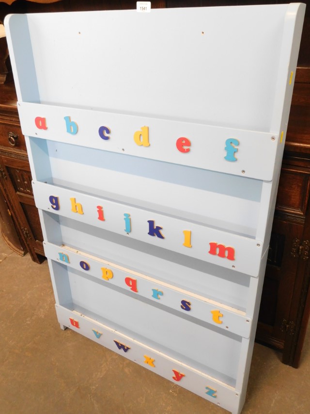 A pale blue painted pine wall rack, with alphabet front.