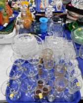 Decorative glassware, comprising Babycham glasses, butter dish, vaseline glass vase, decanter, etc.