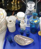 19thC teacups, blue glass and silvered finish decanter, and small goblet, stoneware bottles, etc. (1