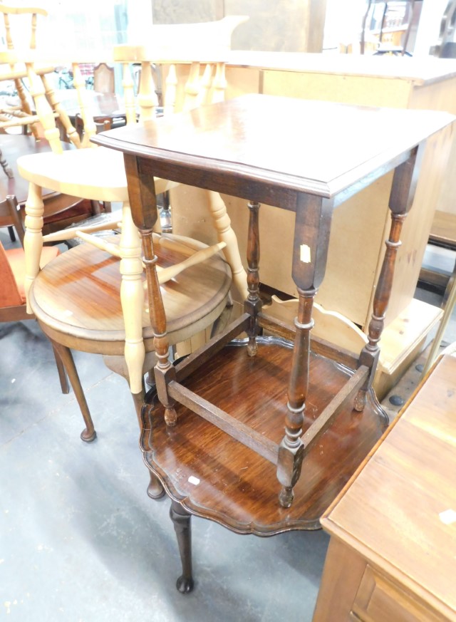 Assorted furniture, comprising piecrust table, square side table, walnut side table and a beech capt