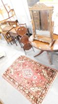 A group of furniture, comprising oval coffee table with claw feet, three tier cake stand, carved oak