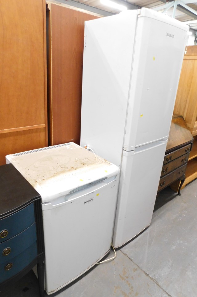 A Hotpoint fridge and a Beko fridge freezer. (2)