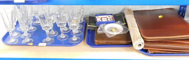 Various drinking glasses, cased silver plated cutlery, Poole pottery commemorative pin dish, leather