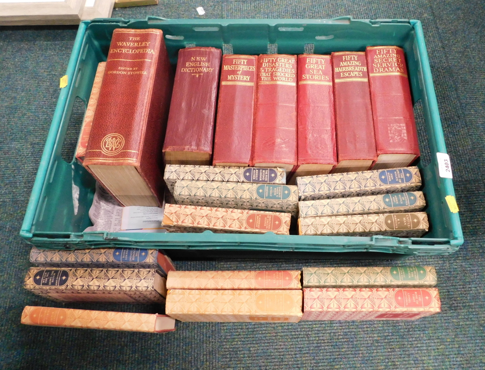 Various hardback books, to include Waverly encyclopedias, New English Dictionary, Sea Stories, etc.