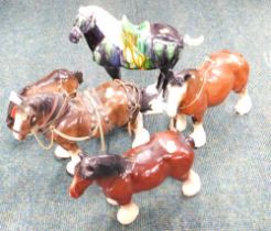 Five horse ornaments, comprising two shire horses, a reproduction Tang Dynasty style glazed horse. (