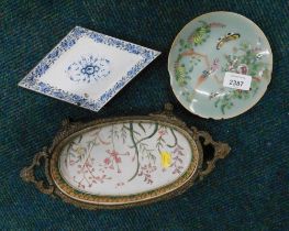 An enamel diamond shaped pin dish, a 19thC Cantonese pin dish, and a continental porcelain bowl. (3)