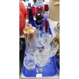 Glassware, comprising two drinking glasses, claret jug, coloured glass vases, dolphin ornament, etc.