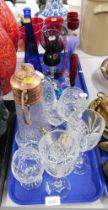 Glassware, comprising two drinking glasses, claret jug, coloured glass vases, dolphin ornament, etc.