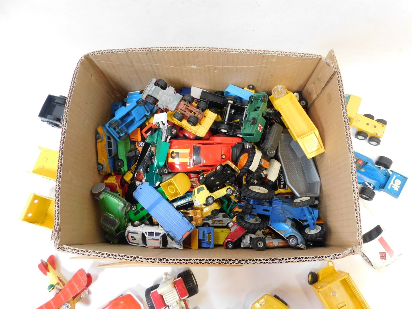 Playworn diecast vehicles, Tonka, Tri-ang, Dinky and others, to include tractor, boomerangs, racing - Image 2 of 2