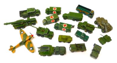A group of diecast Dinky armoured vehicles, play worn, to include trucks, tanks and planes. (1 tray)