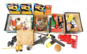 Diecast playworn vehicles, comprising a Heli 1 remote control helicopter, an MF Britain's Massey Fer