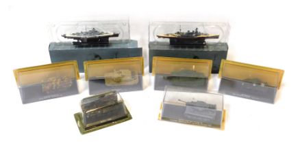 Diecast armored vehicles, comprising two Atlas Edition Naval ships, an Amer M35A1 armored vehicle, a