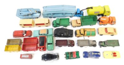 Diecast playworn vehicles, comprising a Dinky Supertoys delivery car transporter, tankers, Matchbox