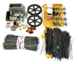 Various automobile and bicycle parts, to include spokes, brake reels, castings, etc. (3 trays)