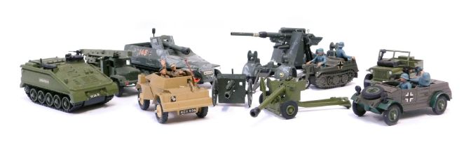 A group of diecast armoured vehicles, playworn, to include Britain's Jeep, Dinky Toys US Jeep, Dinky