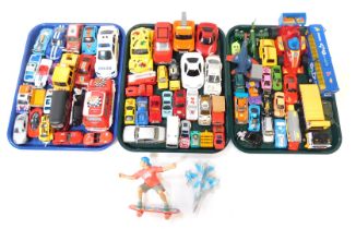 Various playworn toys and games, comprising push along cars, aeroplanes, bus, skate boarder, etc. (3