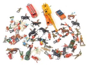 Painted lead soldiers, animals, Dinky Superior truck, a Dinky Superstores fire engine, Jeep, etc. (1