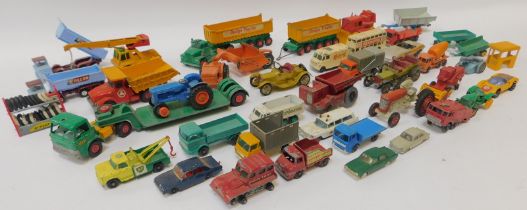 Diecast playworn vehicles, to include cars, truck, Dodge trucks, agricultural plough, racing car, tr