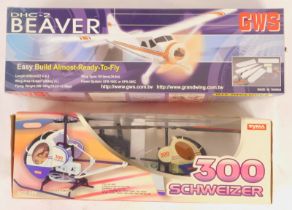 Two model aeroplanes, comprising GWS Grand Wing remote control copter, and Syma 300 Schweizer copter