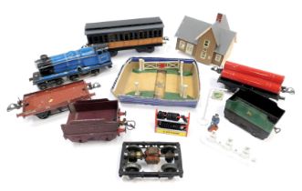 Hornby Dublo tinplate OO gauge railways, to include locomotive 10138, flatbed trailer, level crossin